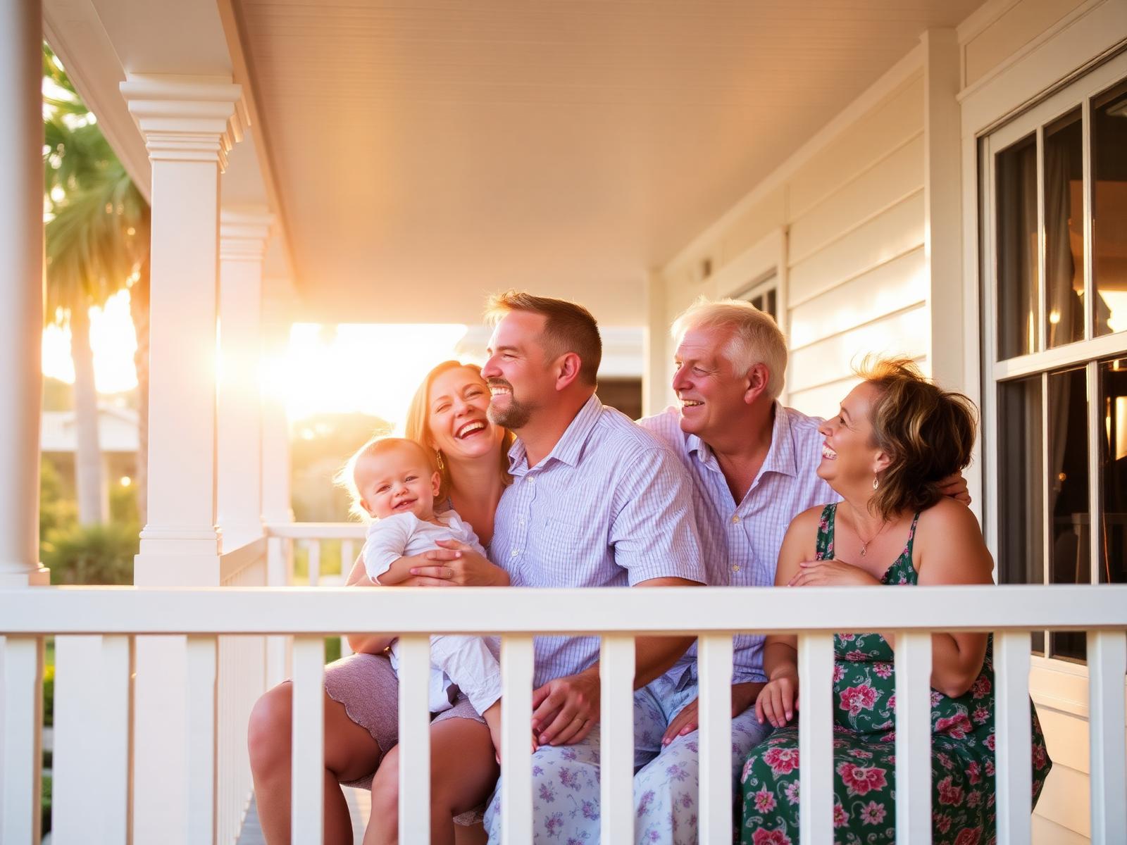 A multi-generational family laughing together on a sunlit Palm Beach porch